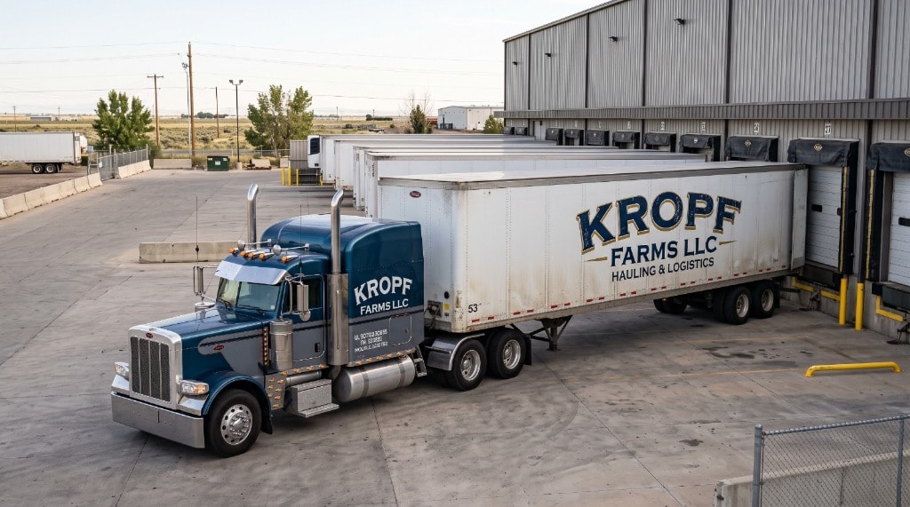 Authentic Kropf Farms LLC 53ft Dry Van semi-truck at loading facility